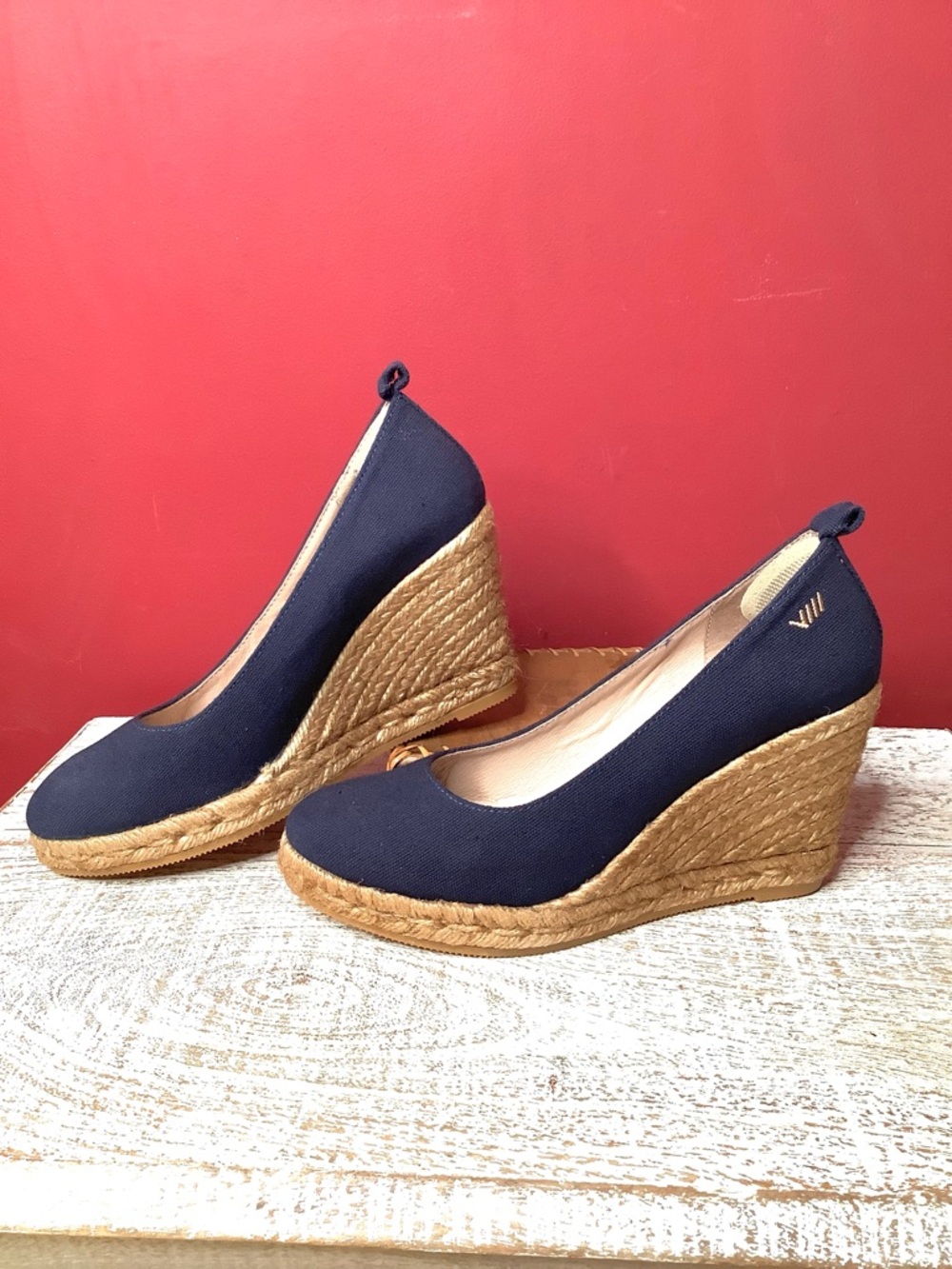 VISCATA Marquesa Size 39 Navy Canvas Espadrille Wedge Round Toe 2 1/2” Jute Heel